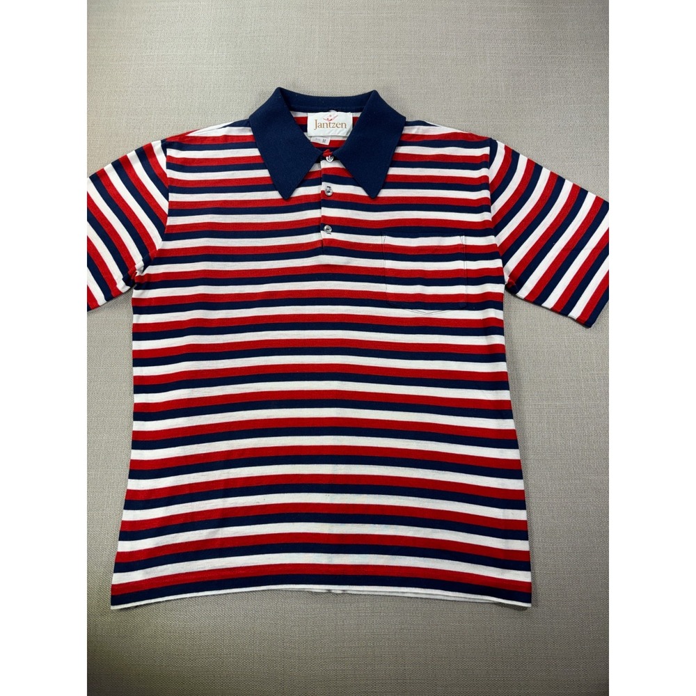 Vintage 60's 70's Jantzen Short Sleeve Pocket Polo Red Blue Size Medium